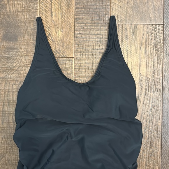 PinkBlush Black Scoop Front Low Back Ruched One-Piece Maternity Swimsuit - Picture 3 of 10